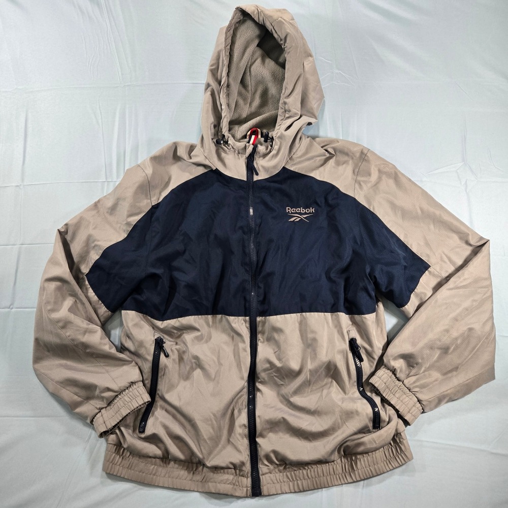 Reebok Windbreaker Jacket Mens Large Full Zip Hooded Gray Navy Blue Fleece Lined